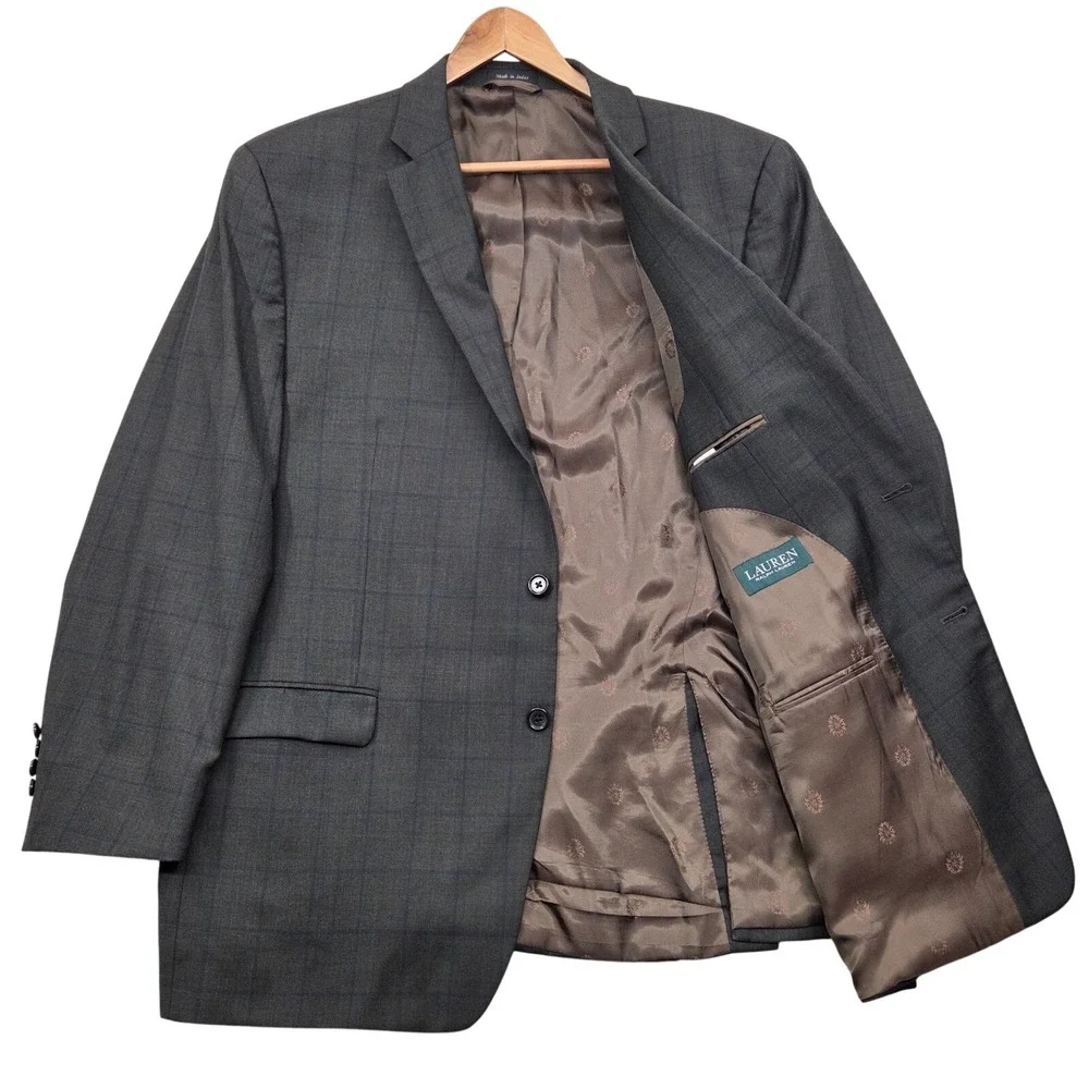 Lauren Ralph Lauren Mens 48L‎ Wool Blazer Gray Windowpane Plaid Suit Jacket